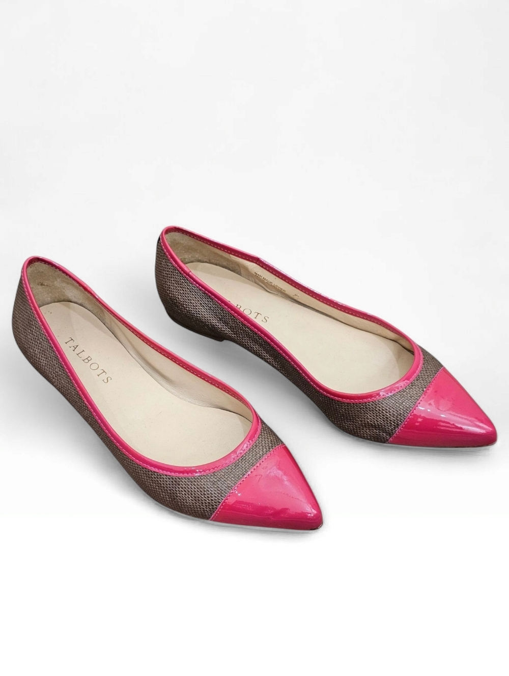 TALBOTS Patent Pink Cap Toe Taupe Raffia Pointed Toe Ballet Flats 7.5M